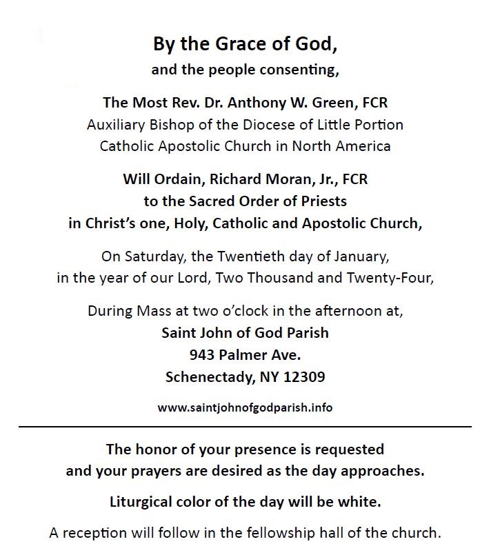 Invitation of R Moran's Ordination