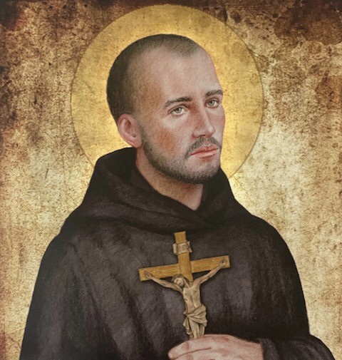 Icon of St John of God with a holo and holding a crucifix